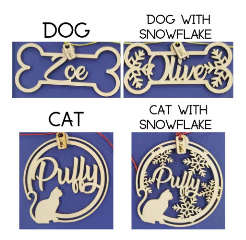 Pet Personalized name Christmas Ornaments, Holiday ornament pet, pet gifts, Cat, dog, laser cut, Personalized name with natural wood color