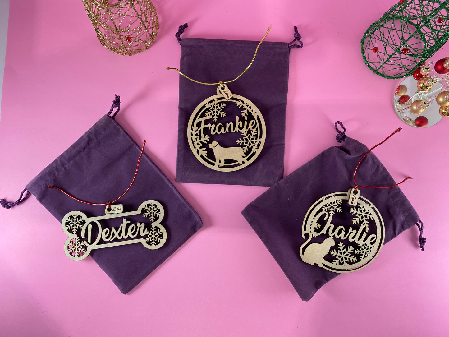 Pet Personalized name Christmas Ornaments, Holiday ornament pet, pet gifts, Cat, dog, laser cut, Personalized name with natural wood color